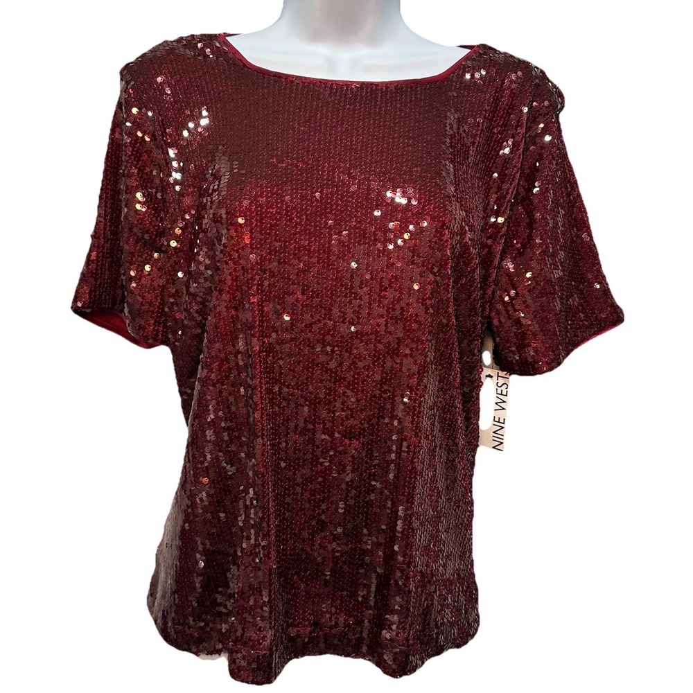 Nine West Sequins Blouse Women's Size Medium Burgundy Short Sleeve Lining NWT